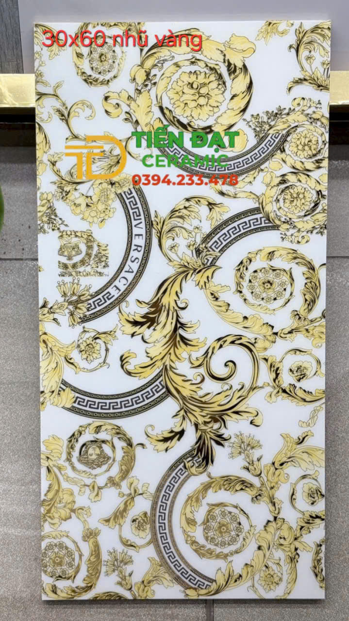 Đá Bóng Kiếng TQ 30x60 Hoa Văn Trắng Vàng Ánh Kim