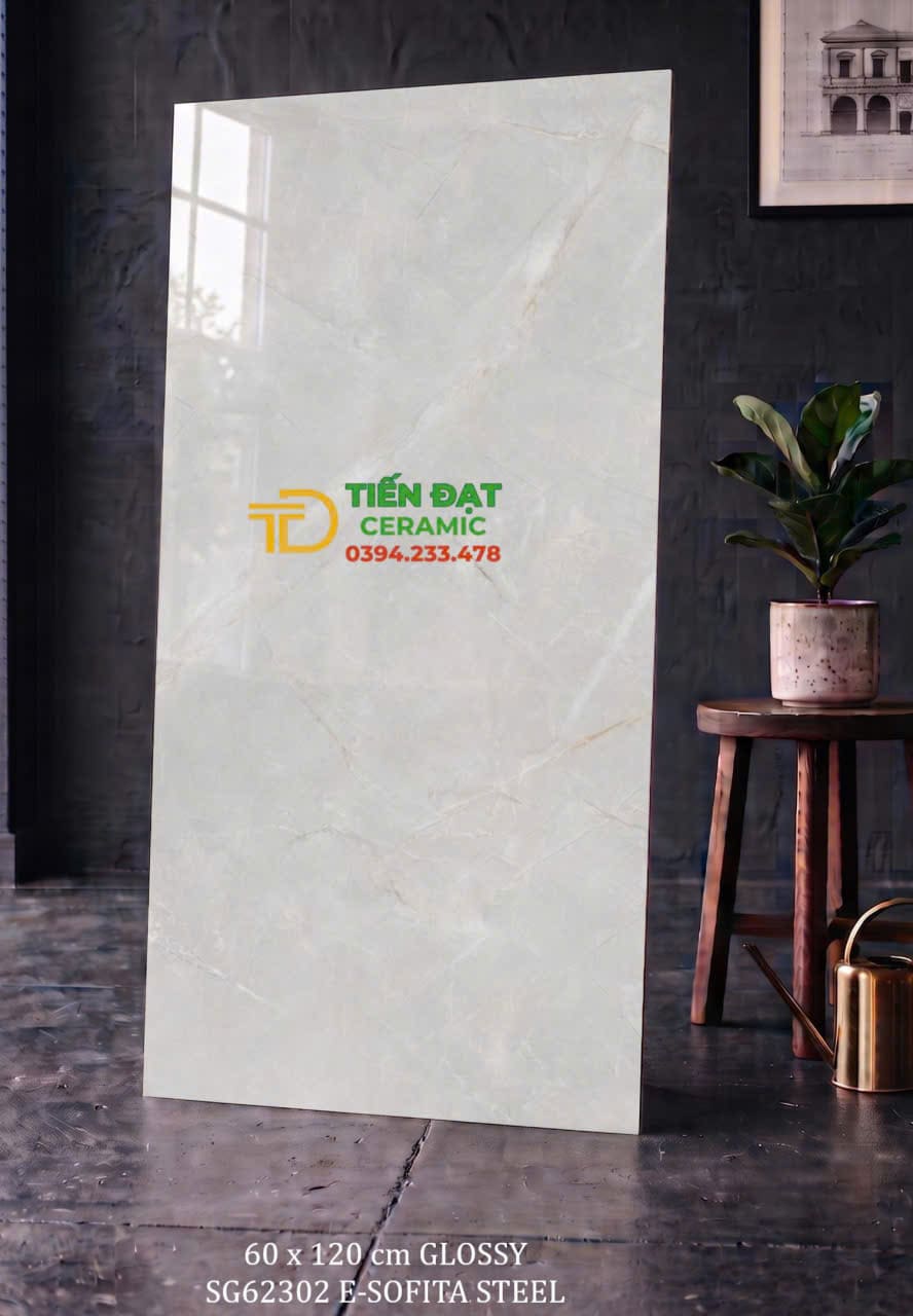 Đá Bóng Kiếng Vi Tinh 60x120 Vân Xám Nhạt Lát Nền