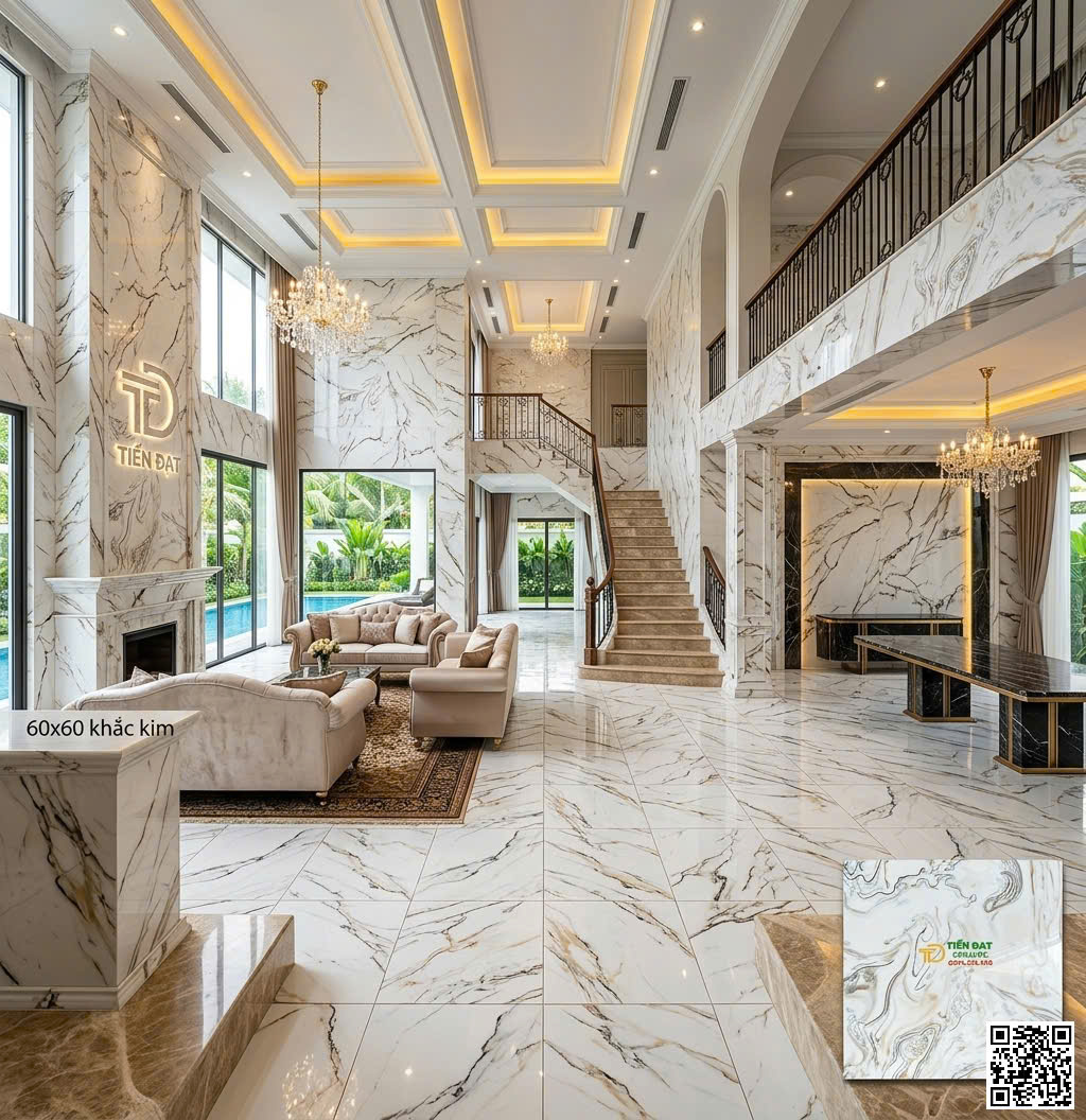 Gạch Bóng Kính TQ 60x60 Vân Ngọc Thạch Nhũ Vàng Đẹp Nhất