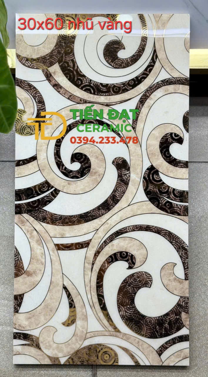 Gạch Bóng Kiếng TQ 30x60 Hoa Văn Nhũ Vàng Ốp Tường
