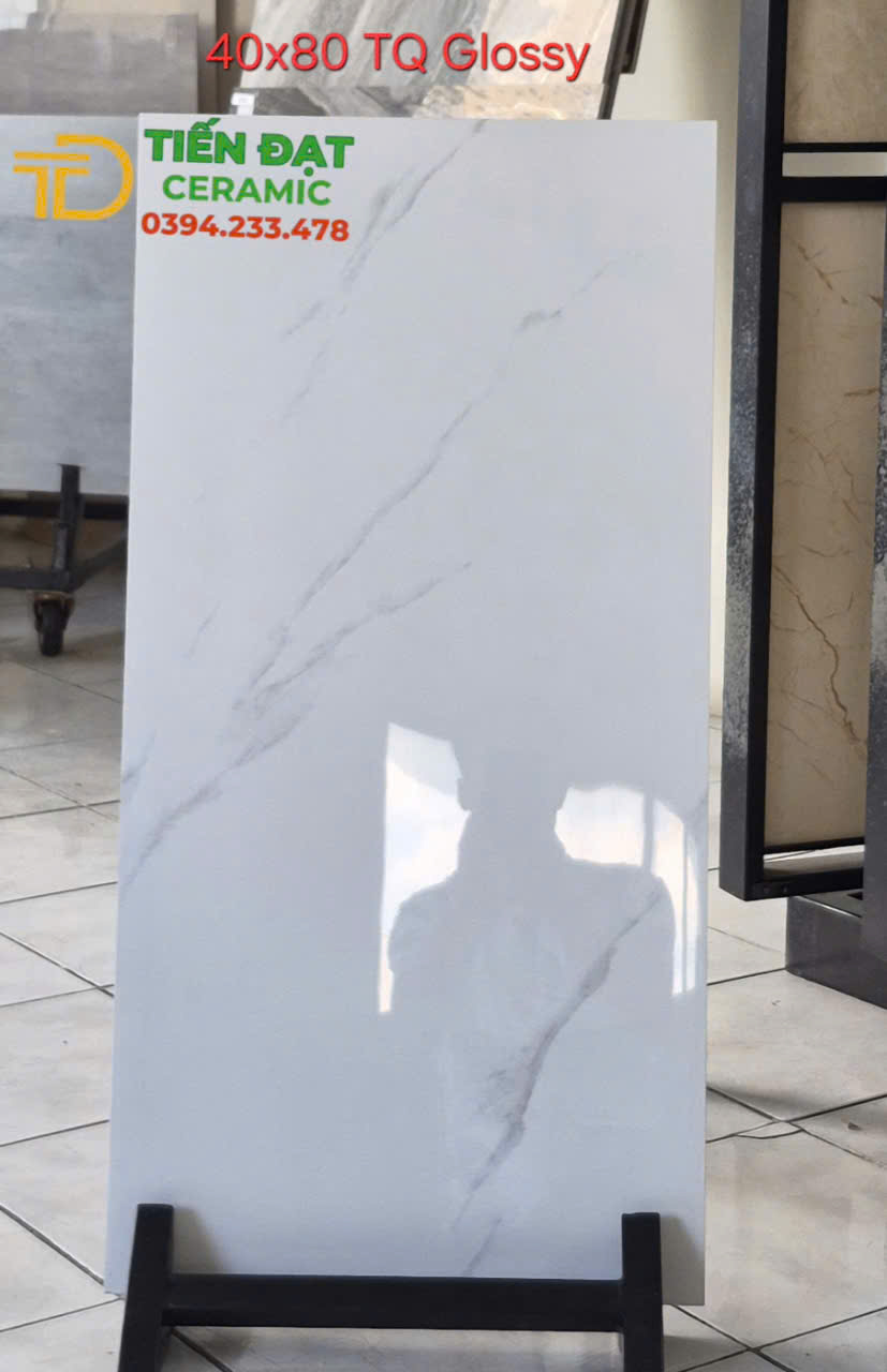 Gạch Bóng Kiếng Vi Tinh 40x80 Trắng Vân Ốp Phòng Khách Phòng Ngủ 