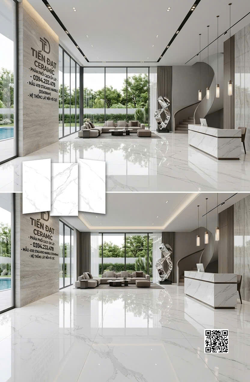 Gạch Bóng Kiếng Vi Tinh 120x180 Khổ Lớn Trắng Vân Khói Lát Biệt