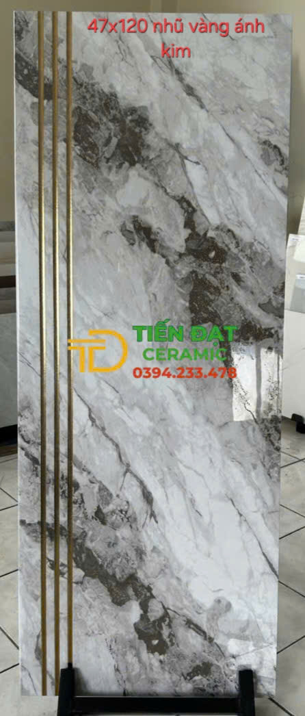 Gạch Cao Cấp TQ 47x120 Bậc Cầu Thang Trắng Vân Đen Nhũ Vàng