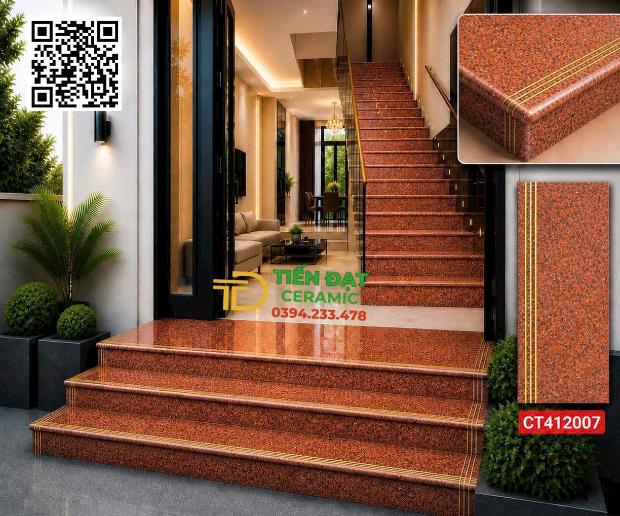Gạch Đỏ Hoa Cương 47x120 Lót Cầu Thang Nhũ Vàng Đẹp Rẻ