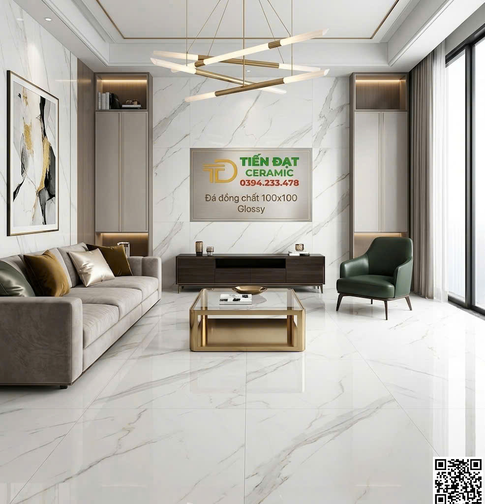 Gạch Cao Cấp TQ 100x100 Bóng Kính Kim Cương Trắng Vân