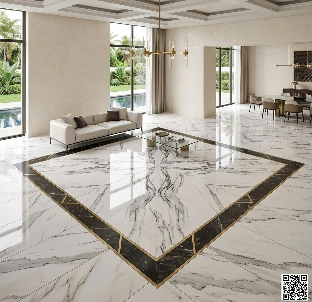 Gạch Lát Nền Khách Sạn 100x100 TQ Trắng Vân Xám Mẫu Mới Nhất