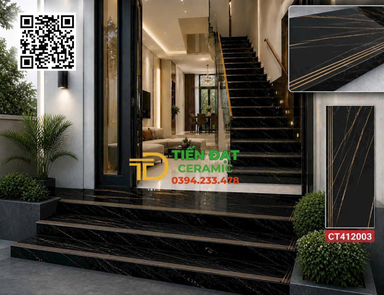Gạch Lát Cầu Thang 47x120 Đen Vân Nhũ Vàng TQ Mẫu Mới