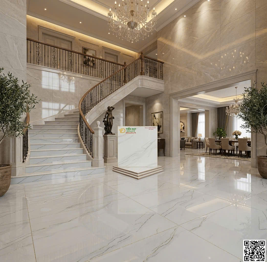 Gạch Ốp Lát Biệt Thự 80x80 TQ Trắng Bóng Khắc Kim Ánh Vàng