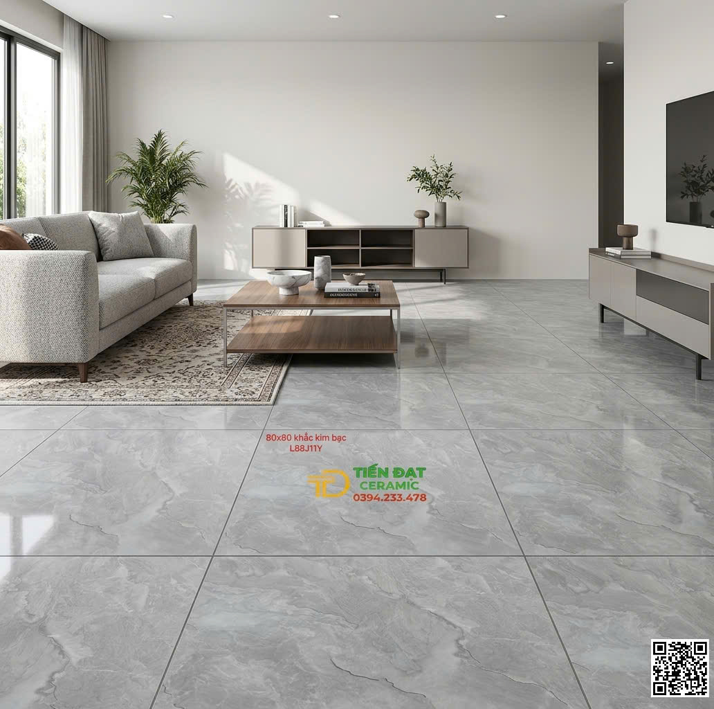 Gạch Lát Nền Phòng Khách 80x80 Vân Giả Đá Khắc Vàng Kim