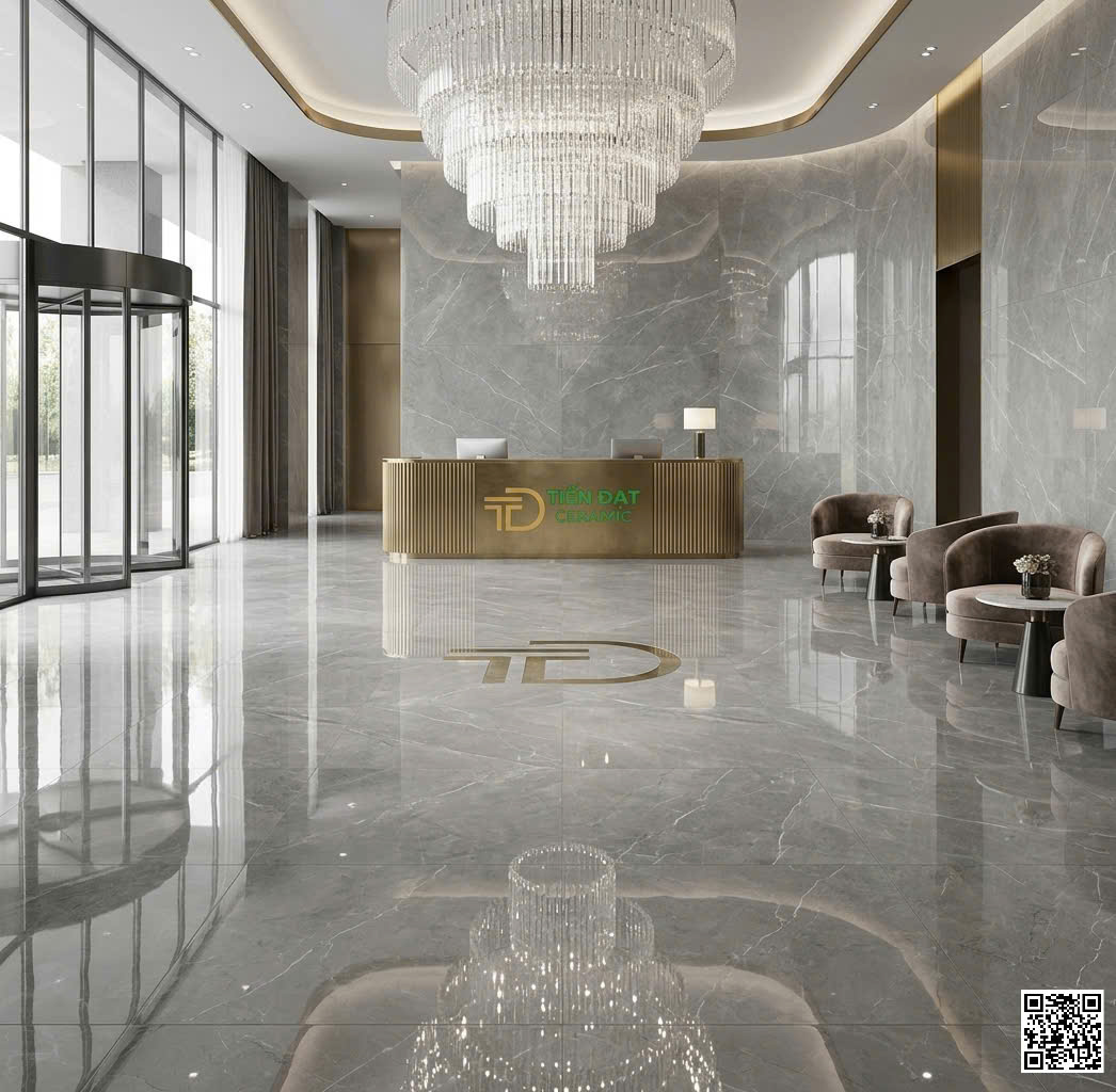 Gạch Ốp Lát Phòng Khách 120x120 Vân Xám Giả Đá Bóng Kiếng