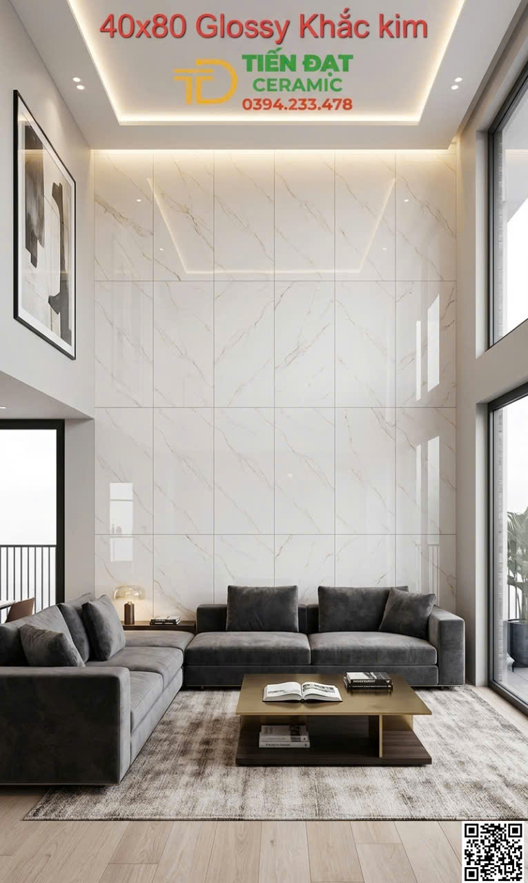 Đá Granite TQ 40x80 Trắng Vân Nhũ Vàng Ốp Phòng Khách