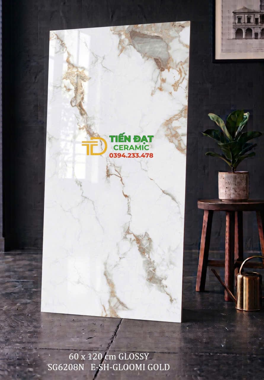 Gạch Ốp Lát Biệt Thự 60x120 Vân Trắng Vàng Bóng Kim Cương