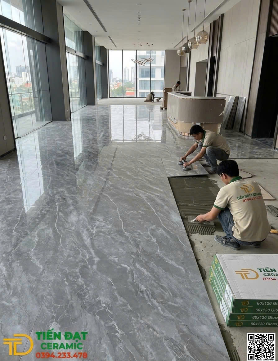Gạch Vicenza Ốp Lát Phòng Khách 60x120 Bóng Kiếng Vân Xám Giả Đá 