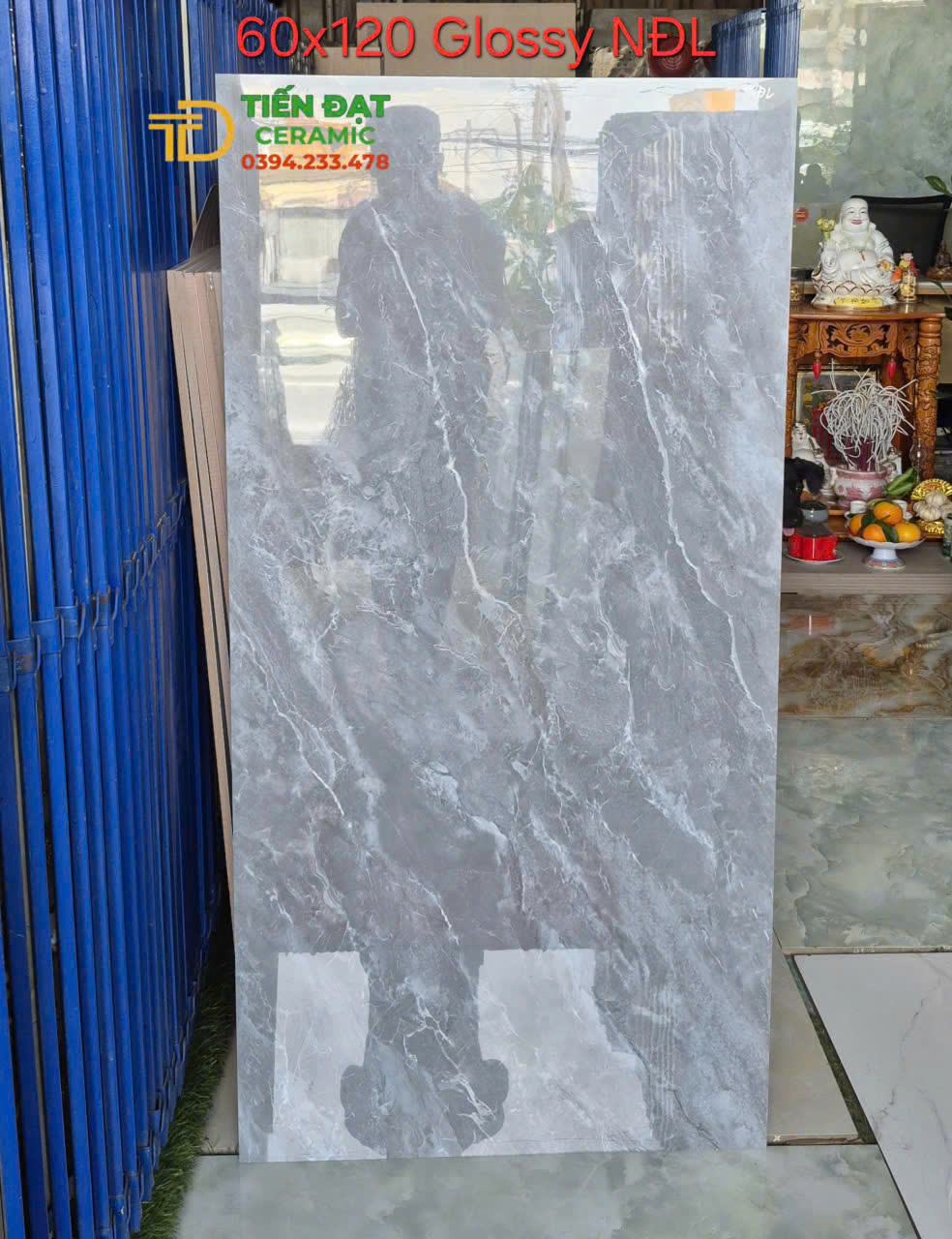 Gạch Vicenza Ốp Lát Phòng Khách 60x120 Bóng Kiếng Vân Xám Giả Đá 
