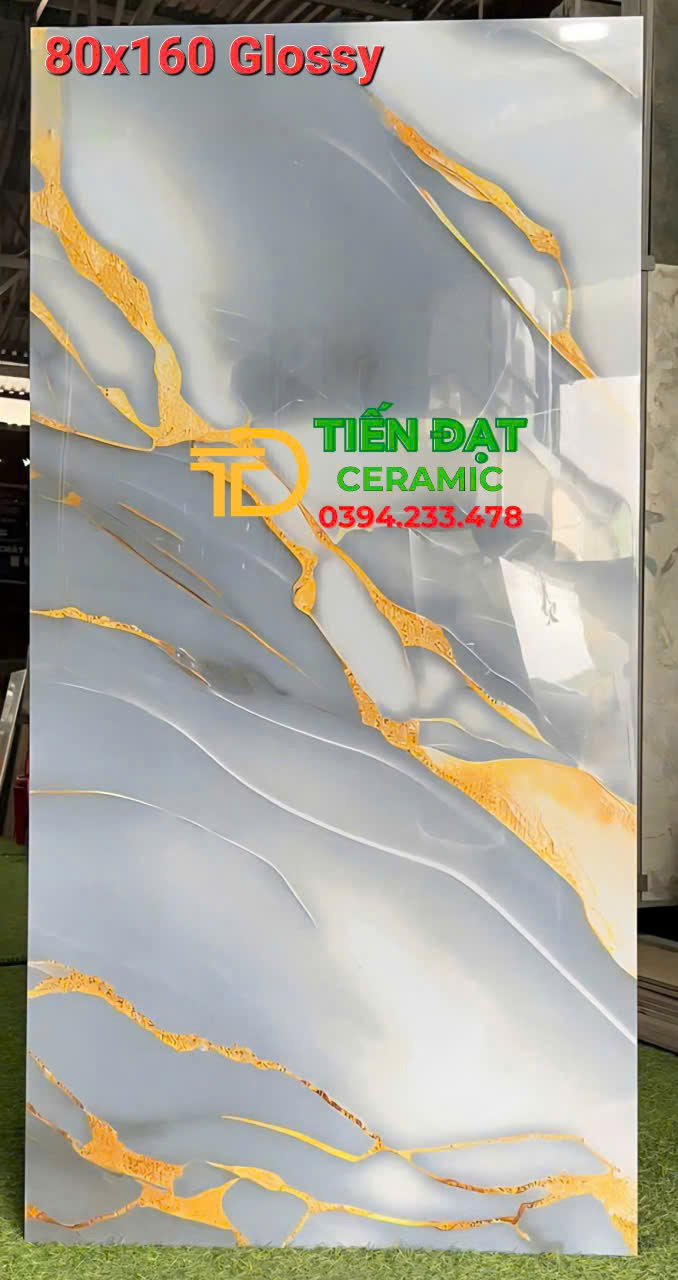 Gạch Khổ Lớn 80x160 Lát Nền Phòng Khách Khắc Vàng