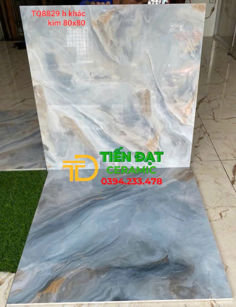 Đá Bóng Kiếng 80x80 TQ Vân Xanh Nhũ Vàng Cao Cấp