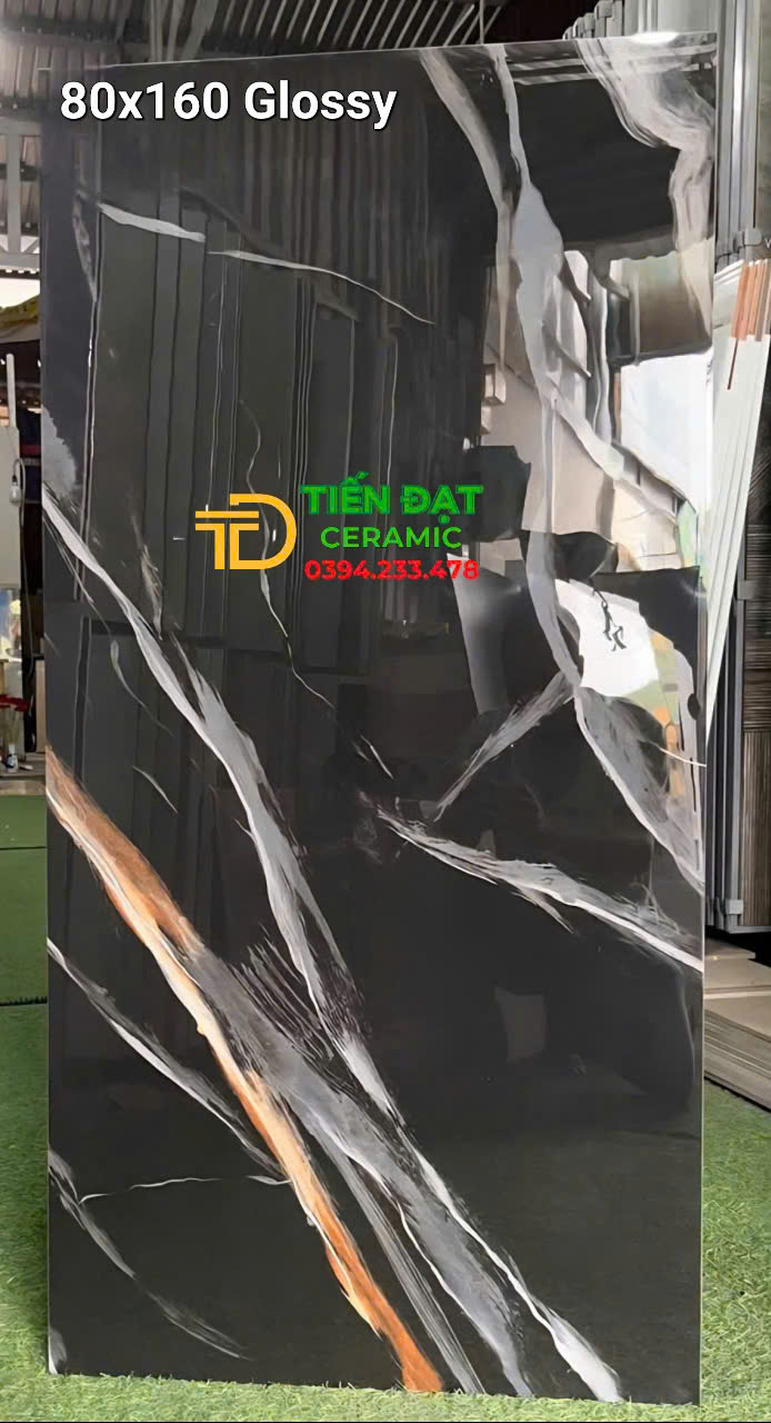 Gạch 80x160 Bóng Kim Cương Vàng Trắng Đen Vách Cầu Thang