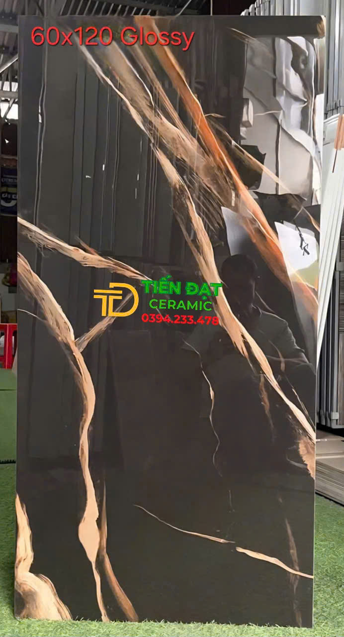 Gạch Bóng Kiếng 60x120 Vàng Đen Lát Trang Trí Ốp Chụ Cổng