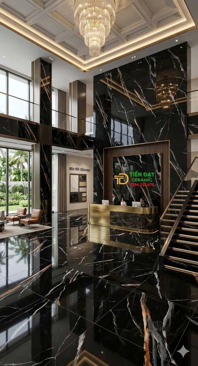 Gạch 80x160 Bóng Kim Cương Vàng Trắng Đen Vách Cầu Thang
