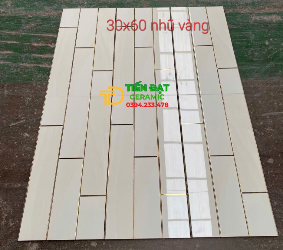 Gạch Đá Bóng Kính 30x60 Ốp Tường Trắng Nhũ Vàng