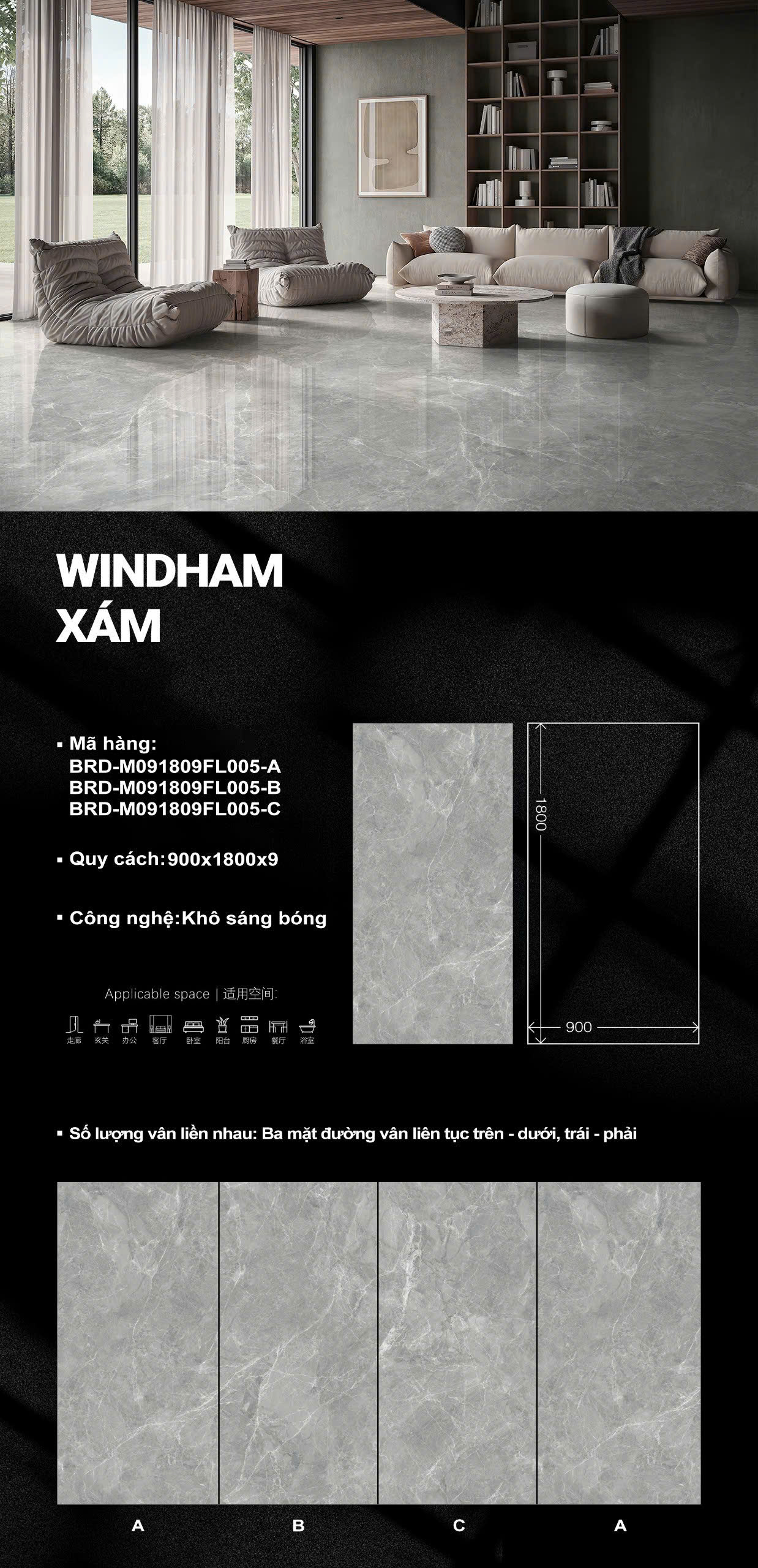 Gạch Đá Cao Cấp 90x180 Nhập Khẩu TQ Vân Xám Đá Windham