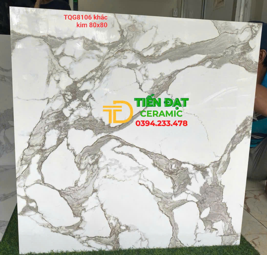Gạch Đá Cao Cấp TQ 80x80 Lát Nền Trắng Vân Xám Nhũ Vàng