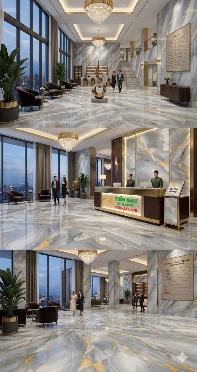 Gạch Khổ Lớn 80x160 Lát Nền Phòng Khách Khắc Vàng