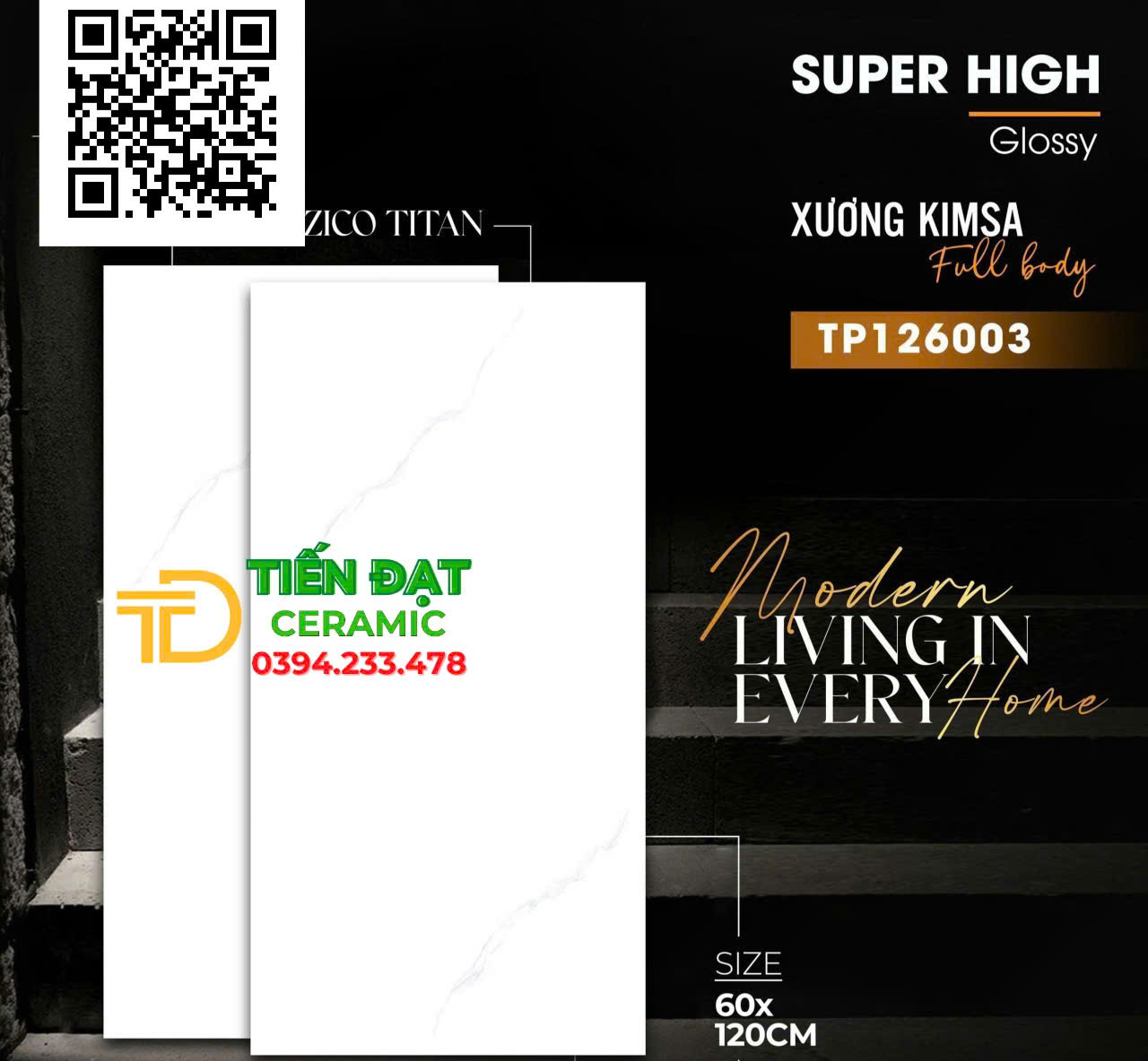 Gạch Khổ Lớn Ốp Tường 60x120 Trắng Vân Kim Cương Vincera