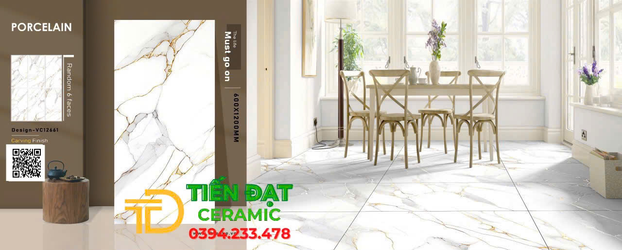 Gạch Lát Nền Phòng Khách 60x120 Trắng Vân Vàng Matt Carving