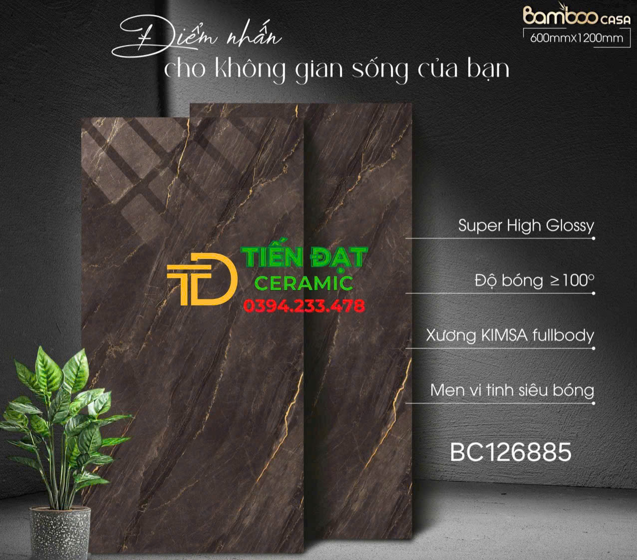 Gạch lát Nền Phòng Khách 60x120 Vincera Màu Nâu Khắc Kim