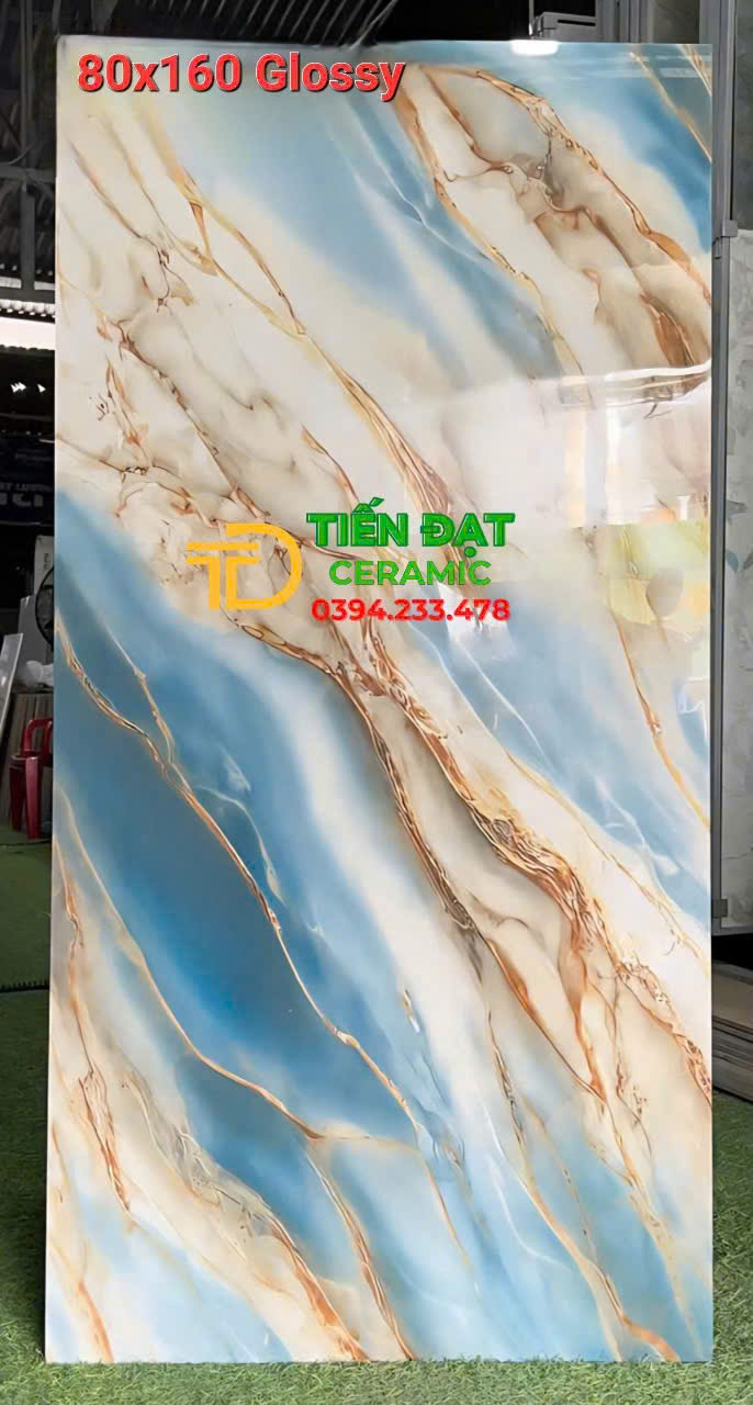 Gạch Lót Nền Sảnh Nhà Hàng 80x160 Khổ Lớn Trắng Xanh Nhũ Vàng