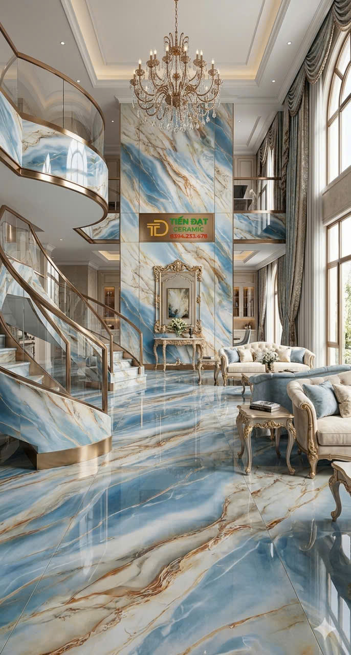 Gạch Lót Nền Sảnh Nhà Hàng 80x160 Khổ Lớn Trắng Xanh Nhũ Vàng