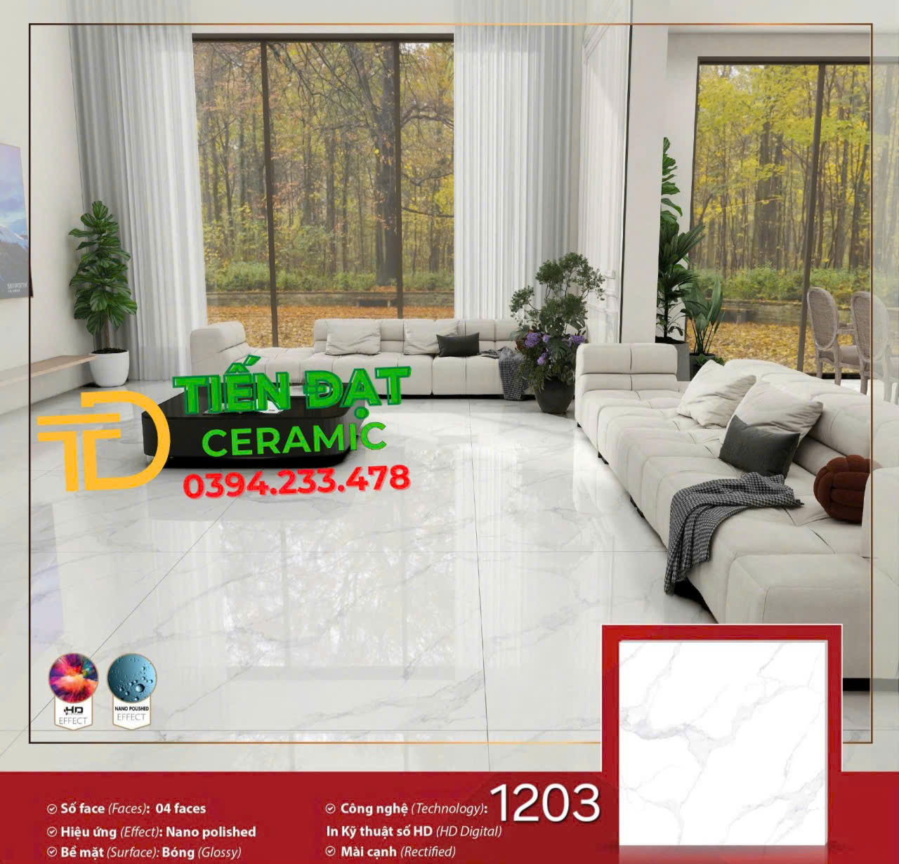 Gạch Lát Phòng Khách 120x120 Trắng Vân Bóng Kiếng