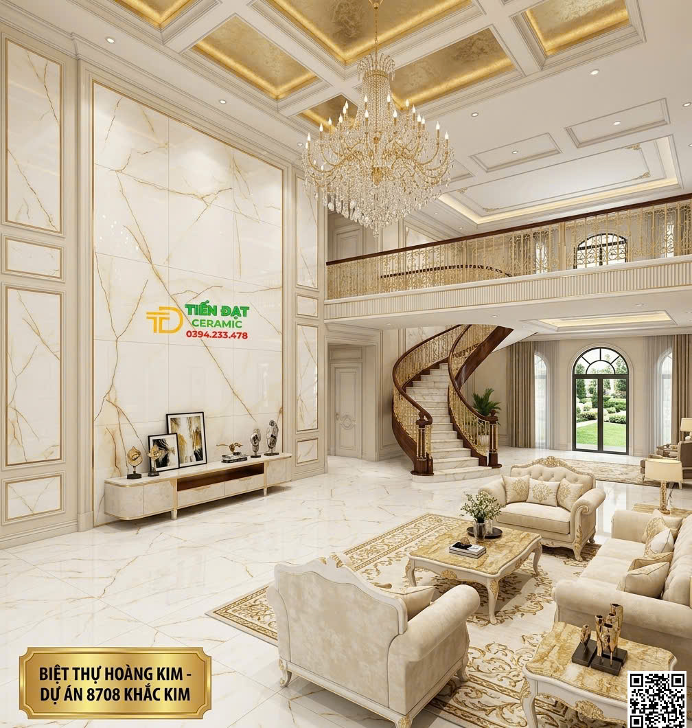 Gạch Lót Nền Phòng Khách 80x80 Trắng Vàng Kim Tuyến