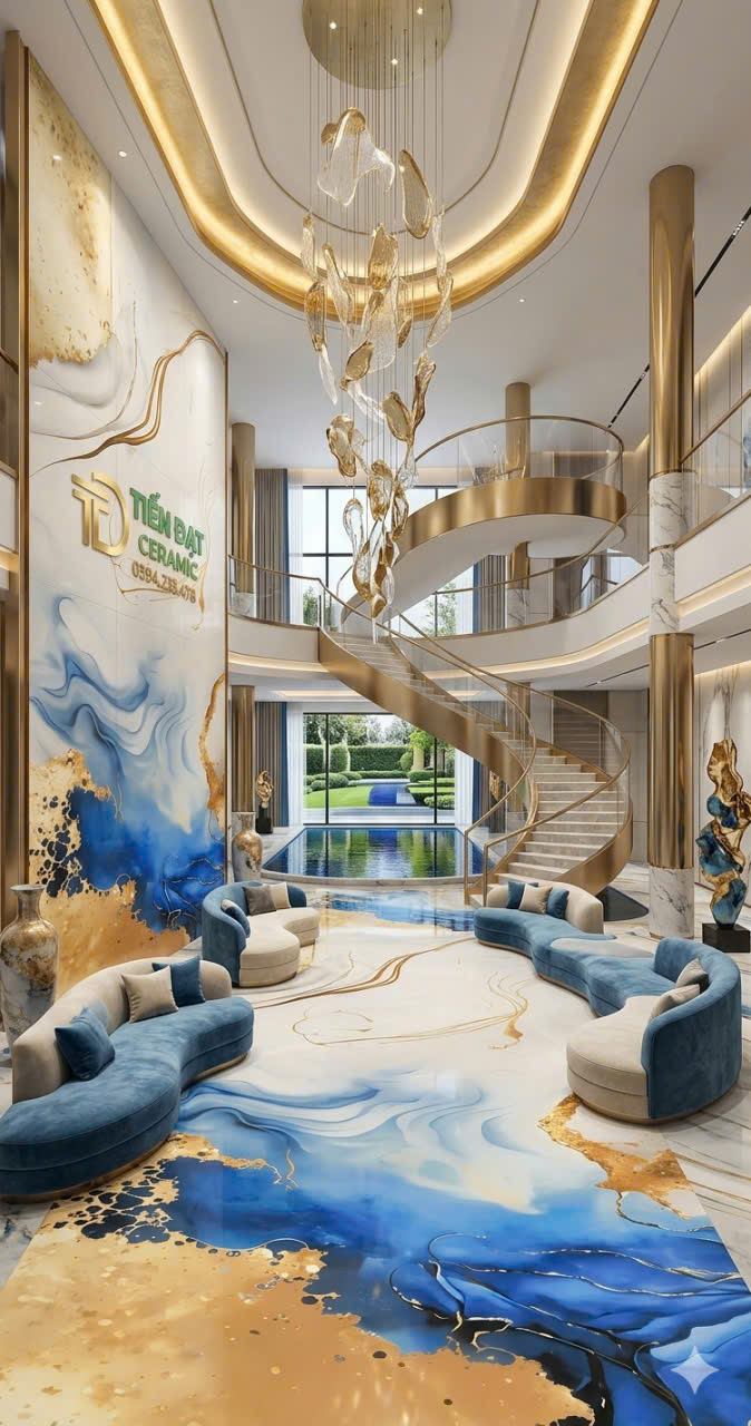 Gạch 80x160 Bóng Kim Cương Vàng Trắng Đen Vách Cầu Thang