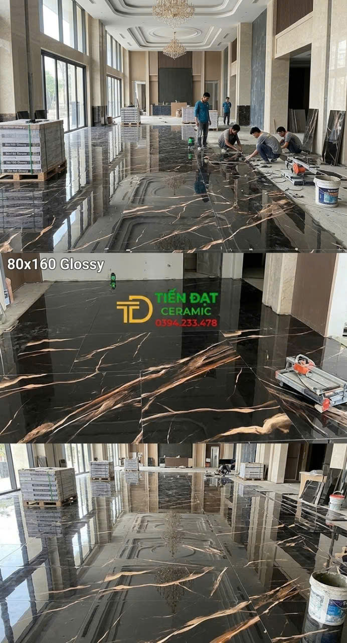 Gạch Ốp Tường Khổ Lớn 80x160 Ốp Mặt Tiền Đen Ánh Vàng