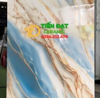 Gạch Lót Nền Sảnh Nhà Hàng 80x160 Khổ Lớn Trắng Xanh Nhũ Vàng