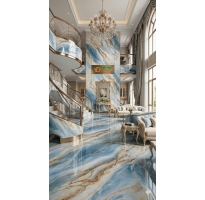 Gạch Lót Nền Sảnh Nhà Hàng 80x160 Khổ Lớn Trắng Xanh Nhũ Vàng