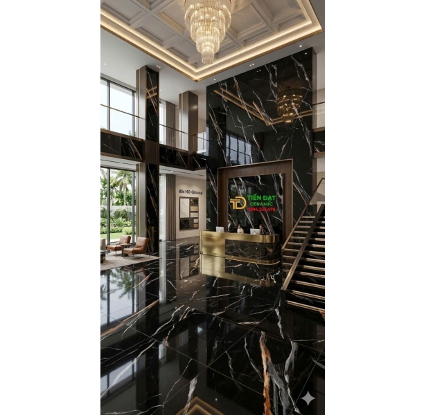 Gạch 80x160 Bóng Kim Cương Vàng Trắng Đen Vách Cầu Thang