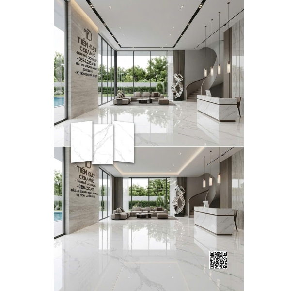 Gạch Bóng Kiếng Vi Tinh 120x180 Khổ Lớn Trắng Vân Khói Lát Biệt