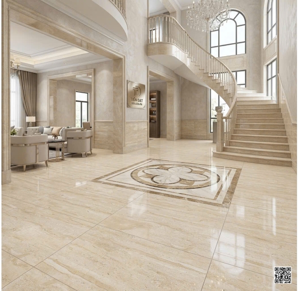 Gạch Đá 1200x1200 Vân Vàng Bóng Kim Cương Lát Biệt Thự