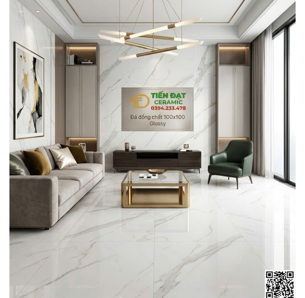 Gạch Cao Cấp TQ 100x100 Bóng Kính Kim Cương Trắng Vân 