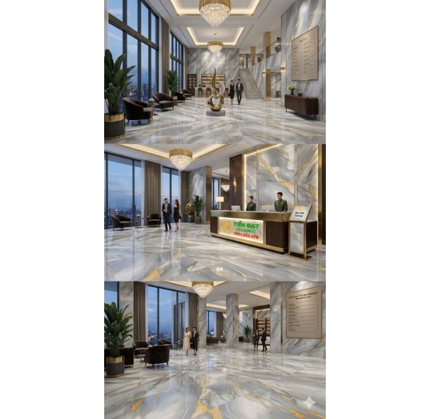 Gạch Khổ Lớn 80x160 Lát Nền Phòng Khách Khắc Vàng