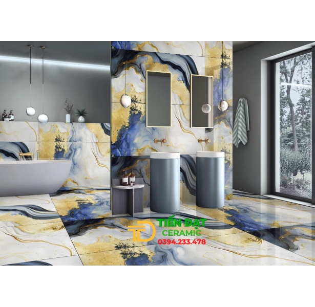 Gạch Lát Biệt Thự Bóng Kính 80x160 Đen Vân Xanh Nhũ vàng