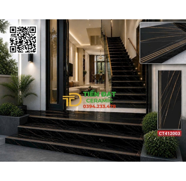 Gạch Lát Cầu Thang 47x120 Đen Vân Nhũ Vàng TQ Mẫu Mới