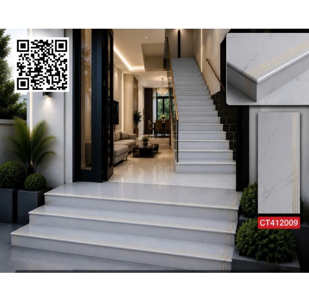 Gạch Lát Cầu Thang 47x120 Trắng Khắc Kim Tuyến Mẫu Mới