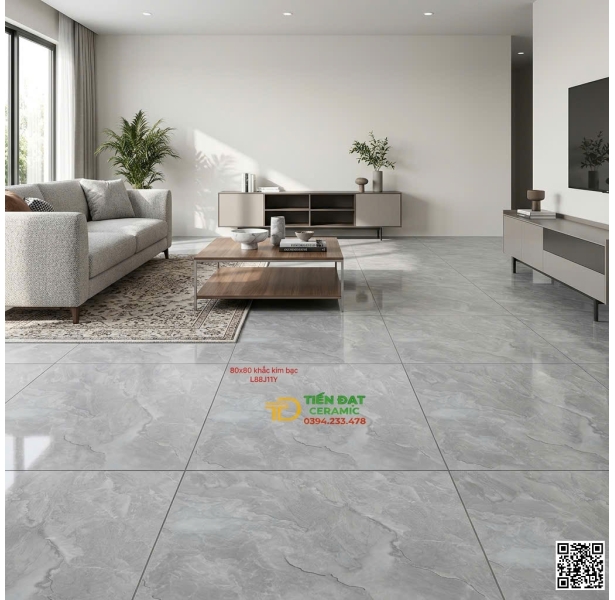 Gạch Lát Nền Phòng Khách 80x80 Vân Giả Đá Khắc Vàng Kim