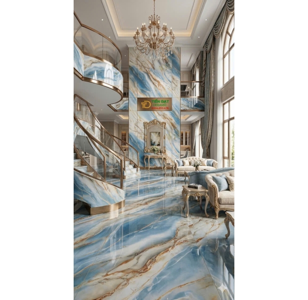 Gạch Lót Nền Sảnh Nhà Hàng 80x160 Khổ Lớn Trắng Xanh Nhũ Vàng