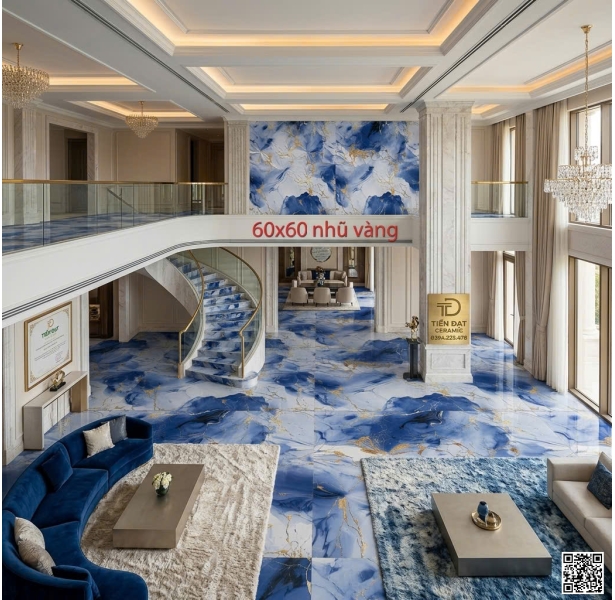 Gạch Nhũ Vàng 60x60 Ốp Lát Biệt thự Xanh Trắng Vàng
