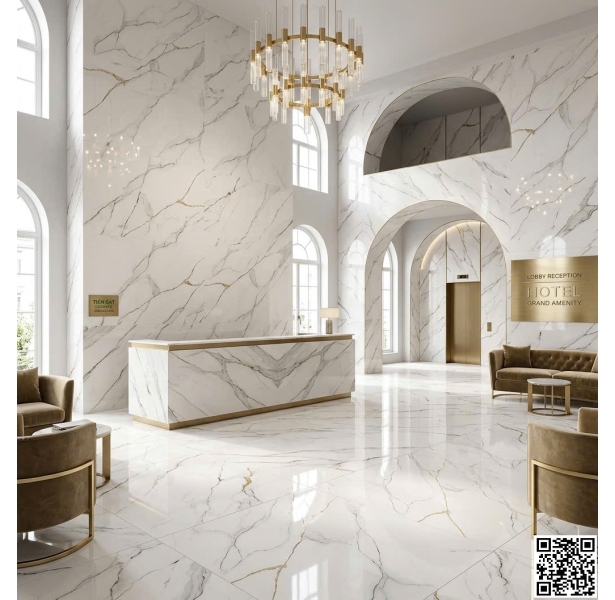 Gạch Cao Cấp 80x80 Lát Phòng Khách Trắng Khắc Vàng